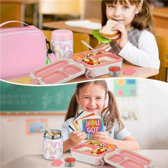 Kids bento lunch box set with thermos insulated bag leakproof food container - Picture 7 of 8